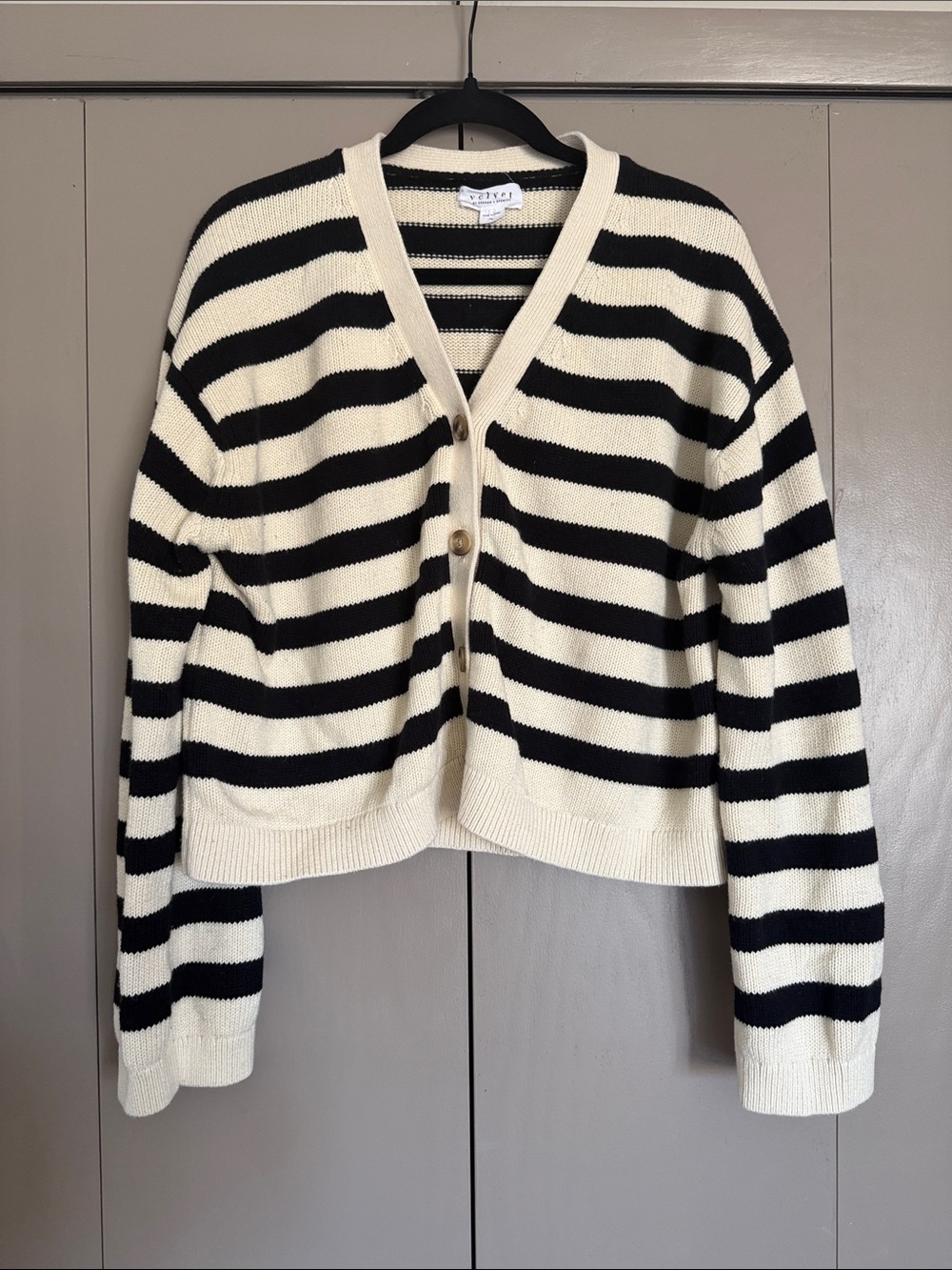 Velvet by Graham & Spencer Black and Cream Striped V-Neck Cardigan